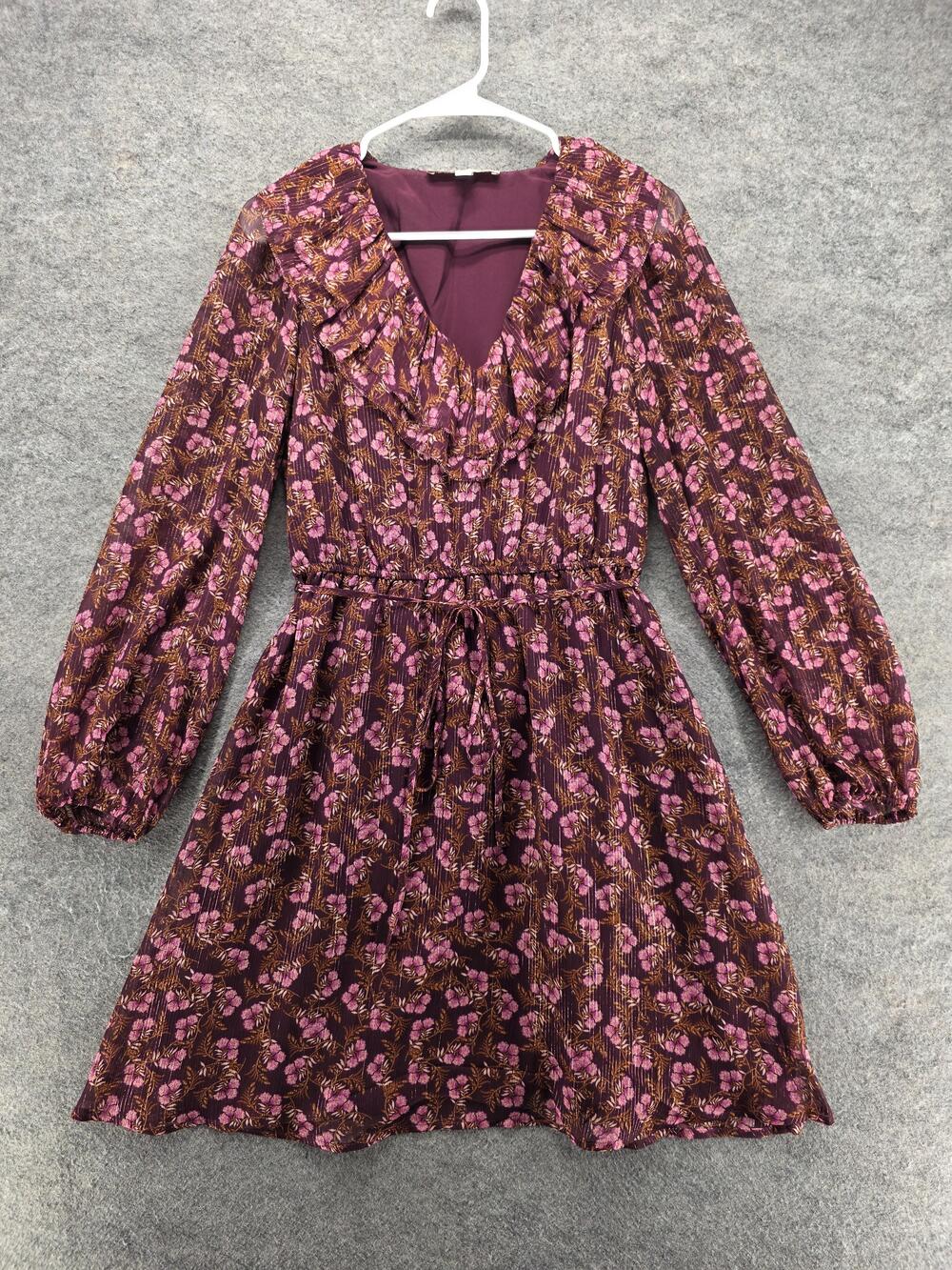 LOFT Dress Womens XS Purple Floral Ruffle V Neck Long Sleeve Fit Flare Mini